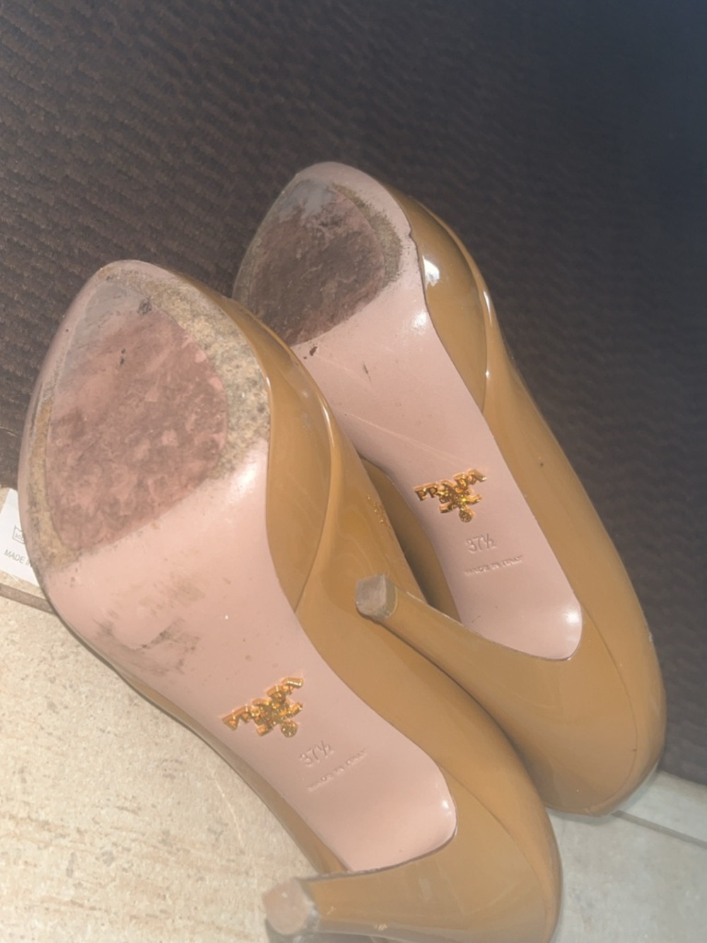 Prada Beige Patent Leather Peep-Toe Heels - Picture 3 of 4